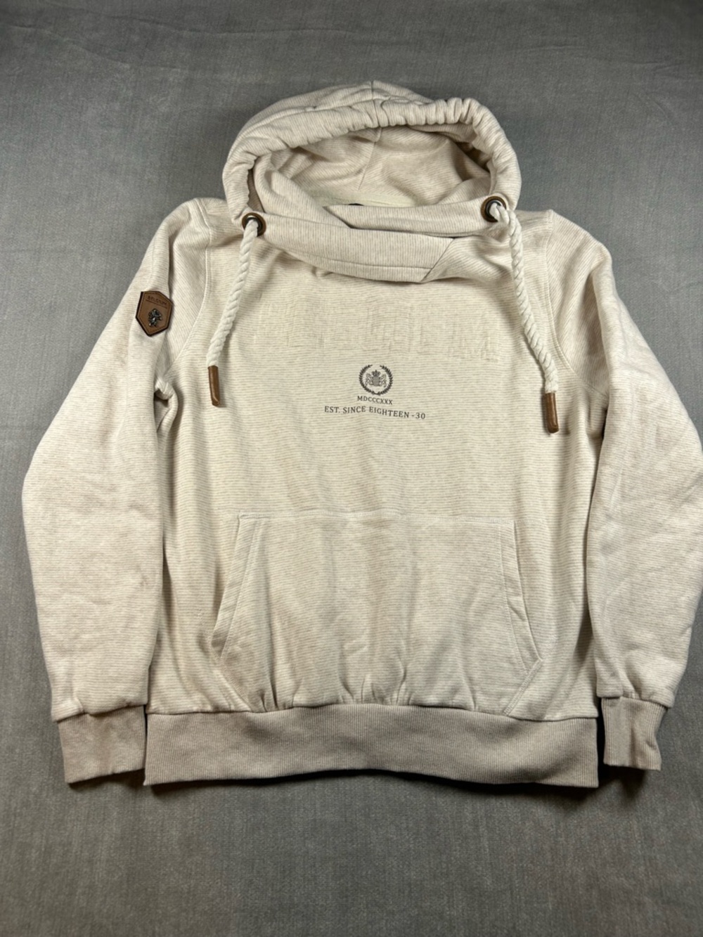 Belgium Factory Cream Pullover Hoodie with Embroidered Crest Rope accent
